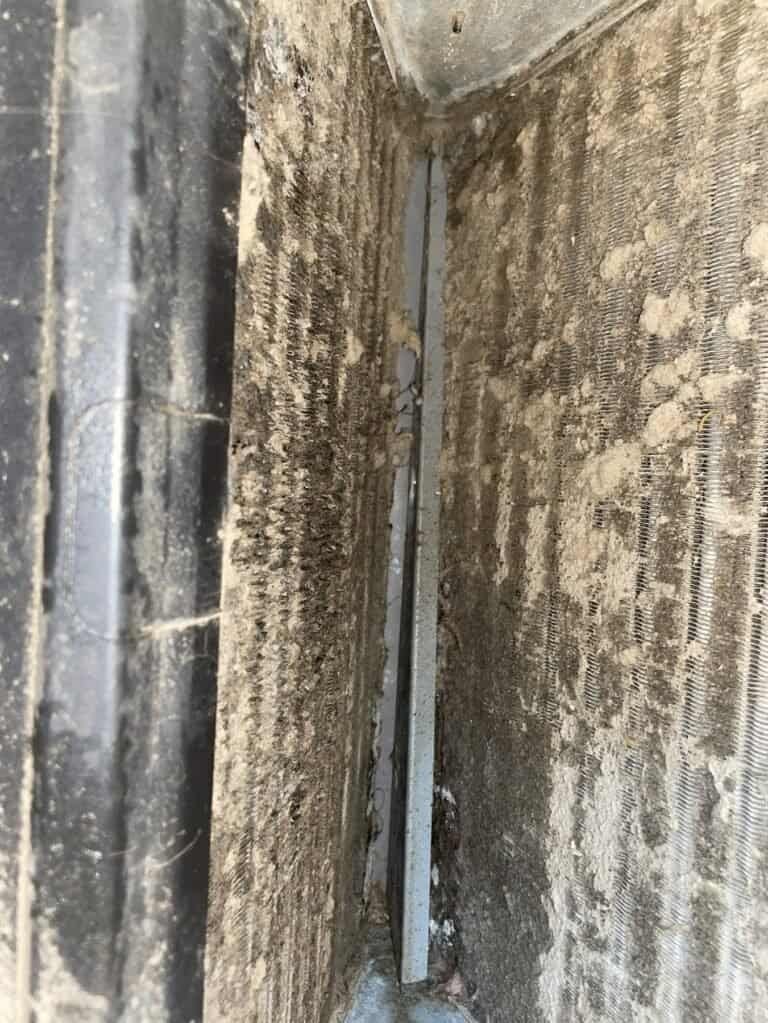 Dust and buildup on an indoor evaporator coil before cleaning in Roland