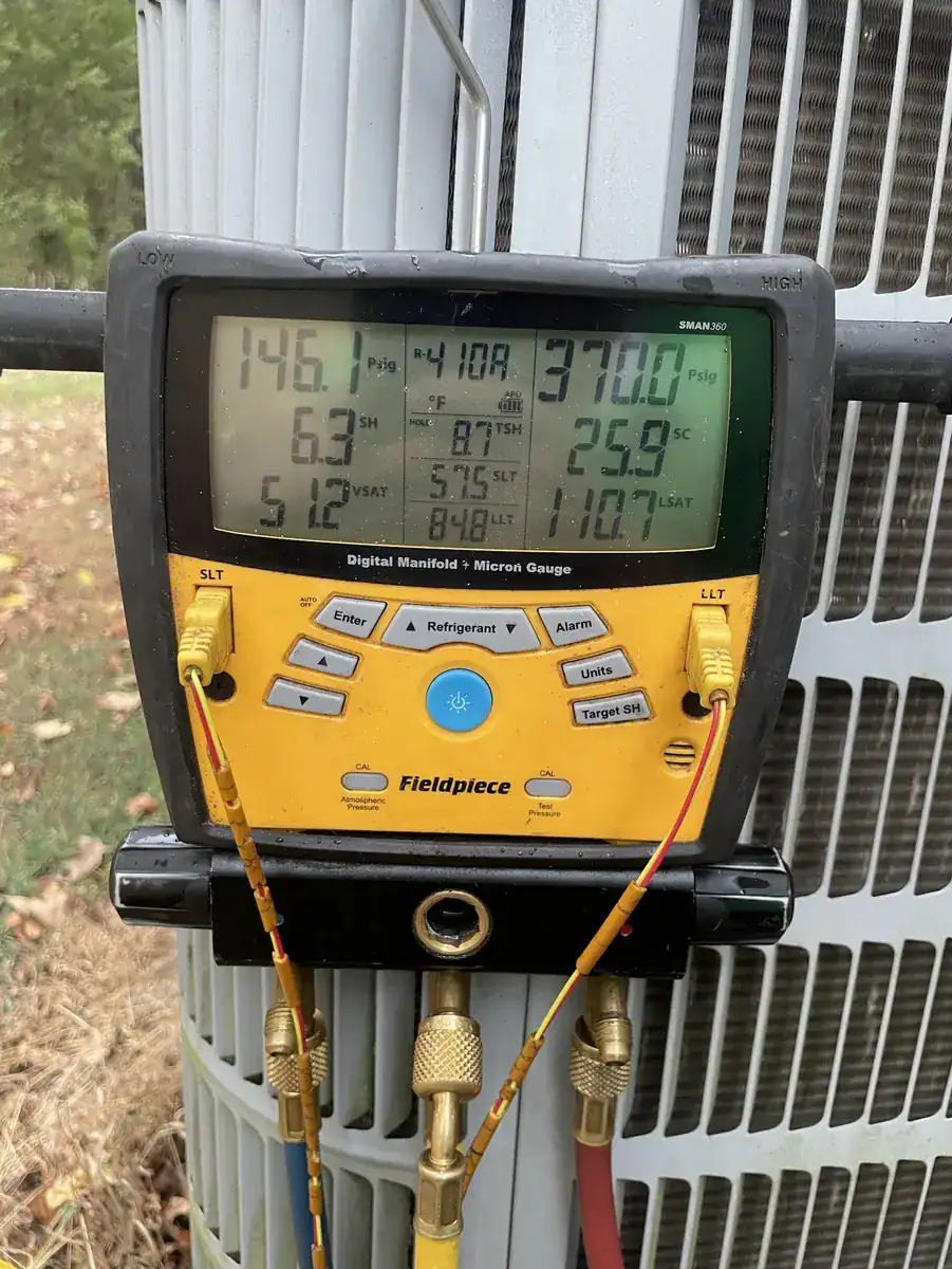 Pressure gauges hooked to an Alma air conditioner